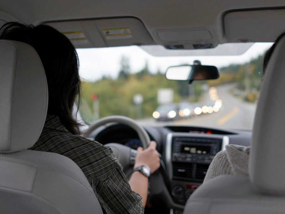 Driving on a tree-lined road with a passenger, seen from the back seat